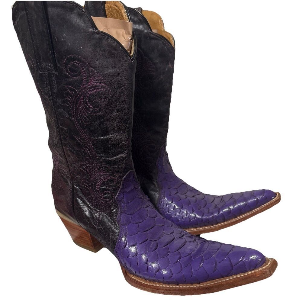 Stephy Exotic Scale Pointed Toe Western Boots Purple W 7 *READ Fits Like 6.5